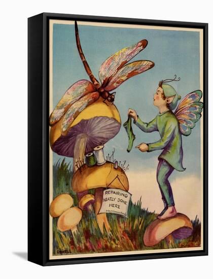 Sprite Needs His Socks Darned By a Dragonfly Who Is Sitting On a Mushroom-null-Framed Stretched Canvas