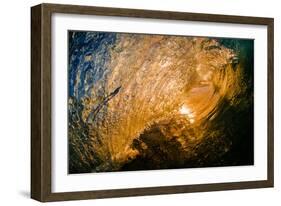 Spun Gold-Inside a tubing wave at sunset, shot from the water, Kirra, Queensland, Australia-Mark A Johnson-Framed Photographic Print