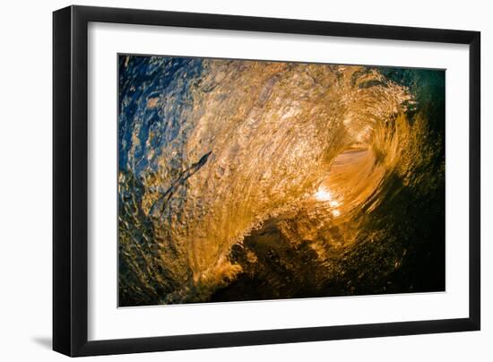 Spun Gold-Inside a tubing wave at sunset, shot from the water, Kirra, Queensland, Australia-Mark A Johnson-Framed Photographic Print