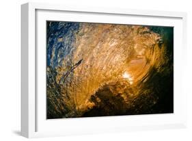 Spun Gold-Inside a tubing wave at sunset, shot from the water, Kirra, Queensland, Australia-Mark A Johnson-Framed Photographic Print