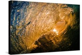 Spun Gold-Inside a tubing wave at sunset, shot from the water, Kirra, Queensland, Australia-Mark A Johnson-Stretched Canvas