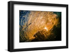 Spun Gold-Inside a tubing wave at sunset, shot from the water, Kirra, Queensland, Australia-Mark A Johnson-Framed Photographic Print