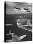 Squadron of US Douglas SBD3 Dive Bombers in Flight, Patrolling Coral Reefs Off Midway Island-Frank Scherschel-Stretched Canvas