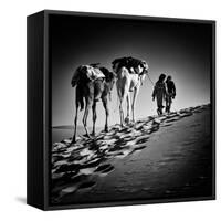 Square Black & White Image of 2 Men and 2 Camels in Sahara Desert-ABO PHOTOGRAPHY-Framed Stretched Canvas