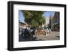 Square with cafe, horse and carriage, and spire of Church of Our Lady, Bruges, Belgium, Europe-James Emmerson-Framed Photographic Print