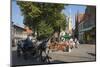 Square with cafe, horse and carriage, and spire of Church of Our Lady, Bruges, Belgium, Europe-James Emmerson-Mounted Photographic Print