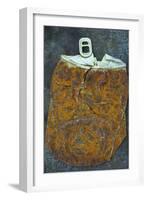 Squashed and Split Aluminium Drinks Can with Rusty Sides Lying on Tarnished Metal Sheet-Den Reader-Framed Photographic Print