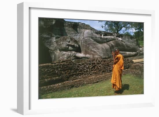 Sri Lanka, Ancient City of Polonnaruwa, Reclining Buddha Statue and Praying Monk-null-Framed Giclee Print