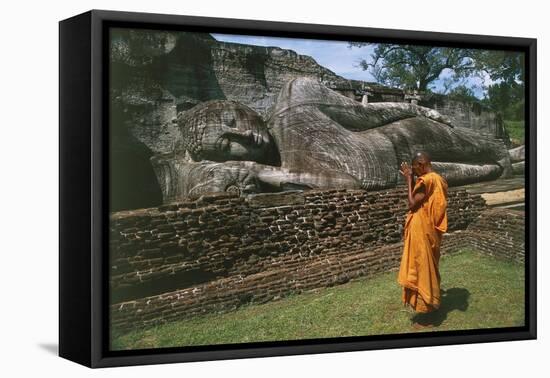 Sri Lanka, Ancient City of Polonnaruwa, Reclining Buddha Statue and Praying Monk-null-Framed Stretched Canvas