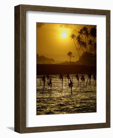 Sri Lankan Fishermen Sit Perched on Stilts Fixed into the Ocean Floor-null-Framed Photographic Print