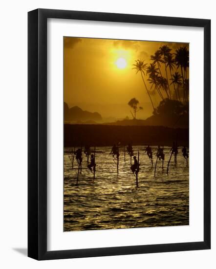 Sri Lankan Fishermen Sit Perched on Stilts Fixed into the Ocean Floor-null-Framed Photographic Print