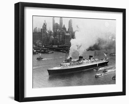 SS Normandie in New York Harbor-null-Framed Premium Photographic Print