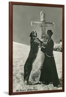 St. Bernard Dog Wtih Priest at Cross-null-Framed Art Print