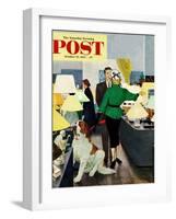 "St. Bernard in Lamp Shop" Saturday Evening Post Cover, October 25, 1952-George Hughes-Framed Giclee Print