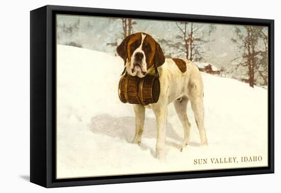 St. Bernard with Keg in Snow, Sun Valley, Idaho-null-Framed Stretched Canvas