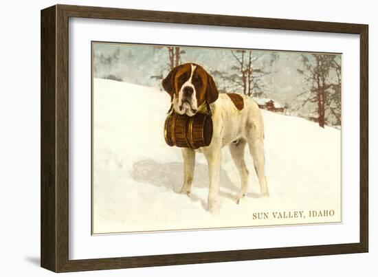 St. Bernard with Keg in Snow, Sun Valley, Idaho-null-Framed Art Print