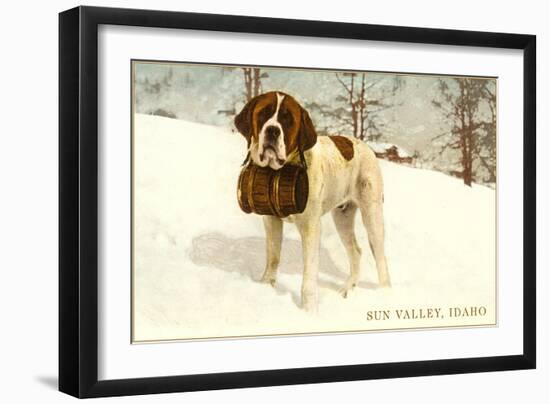 St. Bernard with Keg in Snow, Sun Valley, Idaho-null-Framed Art Print