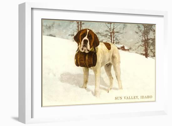 St. Bernard with Keg in Snow, Sun Valley, Idaho-null-Framed Art Print