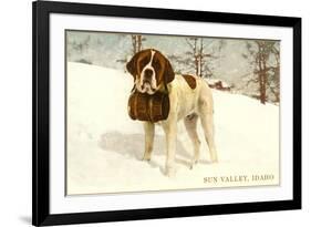 St. Bernard with Keg in Snow, Sun Valley, Idaho-null-Framed Premium Giclee Print