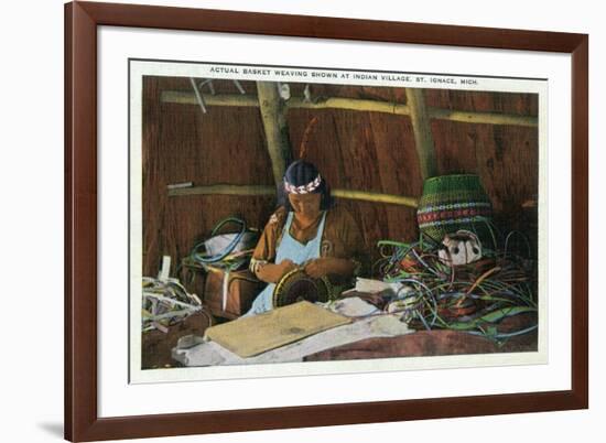 St. Ignace, Michigan - Native American Woman Basket Weaving-Lantern Press-Framed Premium Giclee Print