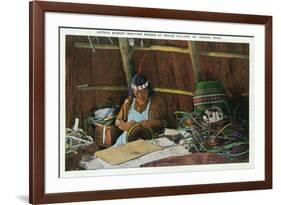 St. Ignace, Michigan - Native American Woman Basket Weaving-Lantern Press-Framed Premium Giclee Print