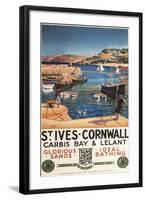 St. Ives, England - Harbor Scene with Girl and Gulls Railway Poster-Lantern Press-Framed Art Print