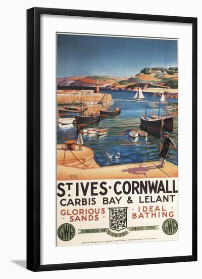 St. Ives, England - Harbor Scene with Girl and Gulls Railway Poster-Lantern Press-Framed Art Print