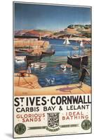 St. Ives, England - Harbor Scene with Girl and Gulls Railway Poster-Lantern Press-Mounted Art Print