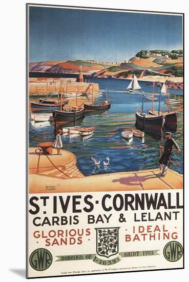 St. Ives, England - Harbor Scene with Girl and Gulls Railway Poster-Lantern Press-Mounted Art Print