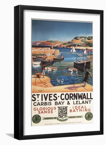 St. Ives, England - Harbor Scene with Girl and Gulls Railway Poster-Lantern Press-Framed Art Print