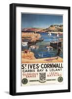 St. Ives, England - Harbor Scene with Girl and Gulls Railway Poster-Lantern Press-Framed Art Print
