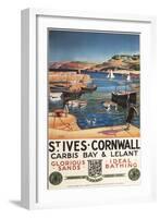 St. Ives, England - Harbor Scene with Girl and Gulls Railway Poster-Lantern Press-Framed Art Print