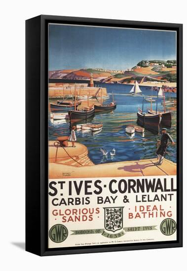 St. Ives, England - Harbor Scene with Girl and Gulls Railway Poster-Lantern Press-Framed Stretched Canvas