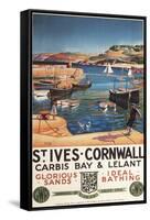 St. Ives, England - Harbor Scene with Girl and Gulls Railway Poster-Lantern Press-Framed Stretched Canvas