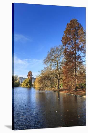 St. James's Park, with view across lake to Buckingham Palace, sunny late autumn, Whitehall, London,-Eleanor Scriven-Stretched Canvas