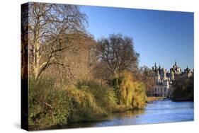 St. James's Park, with view across lake to Horse Guards, sunny late autumn, Whitehall, London, Engl-Eleanor Scriven-Stretched Canvas