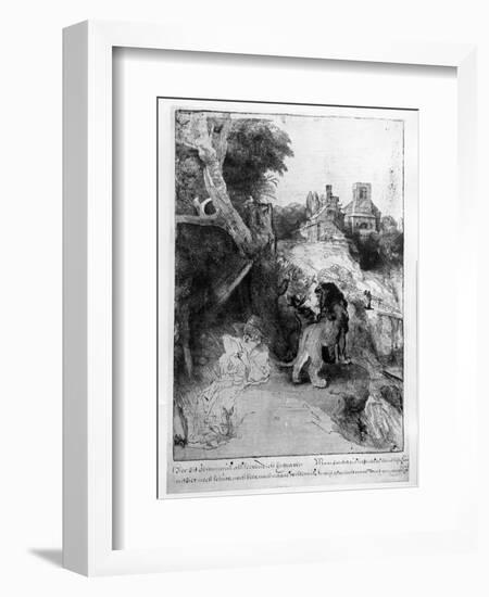 St. Jerome in an Italian Landscape, C.1653 (Etching)-Rembrandt van Rijn-Framed Premium Giclee Print