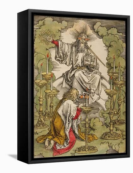 St. John on the Island of Patmos Receives Inspiration from God to Create the Apocalypse, 1498-Albrecht Dürer-Framed Stretched Canvas