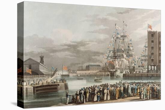 St. Katherine's Dock: Opening on 25th October 1828, Engraved by E. Duncan (Coloured Aquatint)-William John Huggins-Stretched Canvas