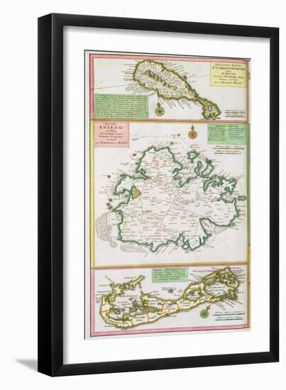 St. Kitts, Antigua and Bermuda, detail from a map of English Colonies in Caribbean-null-Framed Premium Giclee Print