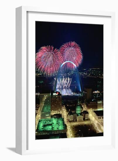 St. Louis Gateway Arch with Fireworks-null-Framed Photographic Print