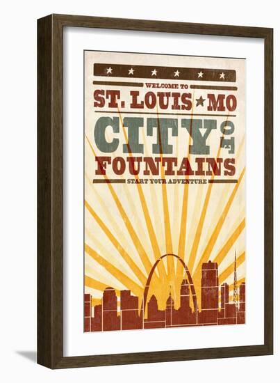 St. Louis, Missouri - Skyline and Sunburst Screenprint Style-Lantern Press-Framed Art Print