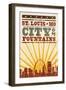 St. Louis, Missouri - Skyline and Sunburst Screenprint Style-Lantern Press-Framed Art Print