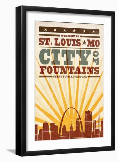 St. Louis, Missouri - Skyline and Sunburst Screenprint Style-Lantern Press-Framed Art Print