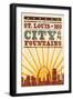 St. Louis, Missouri - Skyline and Sunburst Screenprint Style-Lantern Press-Framed Art Print