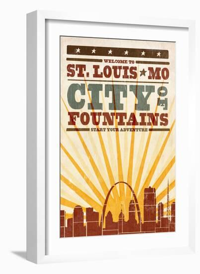 St. Louis, Missouri - Skyline and Sunburst Screenprint Style-Lantern Press-Framed Art Print