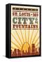 St. Louis, Missouri - Skyline and Sunburst Screenprint Style-Lantern Press-Framed Stretched Canvas