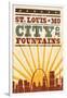 St. Louis, Missouri - Skyline and Sunburst Screenprint Style-Lantern Press-Framed Art Print