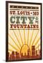 St. Louis, Missouri - Skyline and Sunburst Screenprint Style-Lantern Press-Framed Art Print