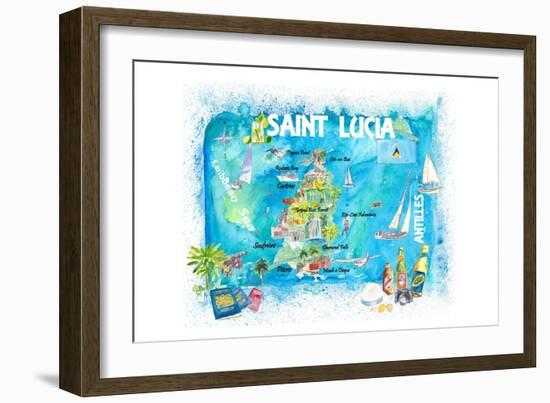 St Lucia Antilles Illustrated Caribbean Travel Map with Highlights of West Indies Island Dream-M. Bleichner-Framed Art Print